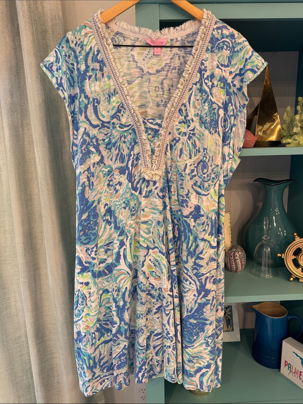 Lilly Pulitzer Blue & White Printed V-Neck Women's Dress SOFT XL EUC
